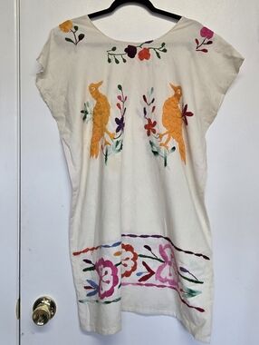 Embroidered Cream Dress with Orange Parrots